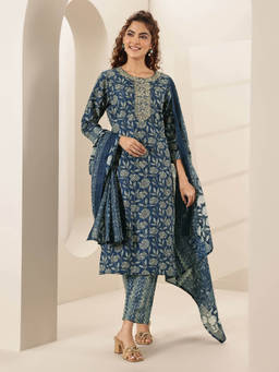 Libas - Women Teal Embroidered Kurta with Pant and Dupatta (Set of 3)