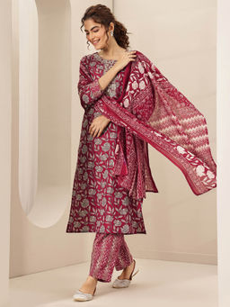 Libas - Women Maroon Embroidered Kurta with Pant and Dupatta (Set of 3)