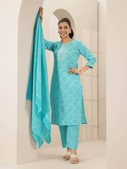 Libas - Women Turquoise Printed Kurta with Pant and Dupatta (Set of 3)
