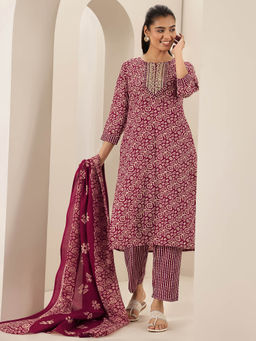 Libas - Women Maroon Printed Kurta with Pant and Dupatta (Set of 3)