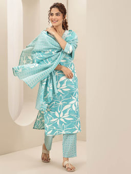 Libas - Women Turquoise Printed Kurta with Pant and Dupatta (Set of 3)