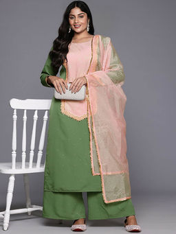 A plus by Ahalyaa - Women Green Woven Kurta with Palazzo and Dupatta (Set of 3)