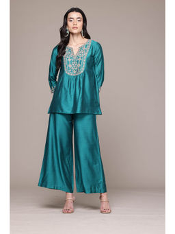 Aarke Ritu Kumar - Women Teal Embroidered Kurti with Palazzo (Set of 2)