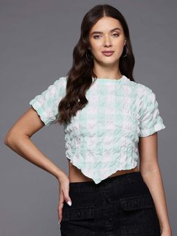 Freehand - Women Fitted Textured Round Neck Asymmetric Crop Top