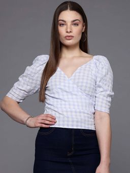 Freehand - Women Fitted Checks Wrap Neck Wrap Top