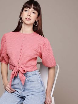 Freehand - Women Regular Fit Textured Round Neck Regular Crop Top