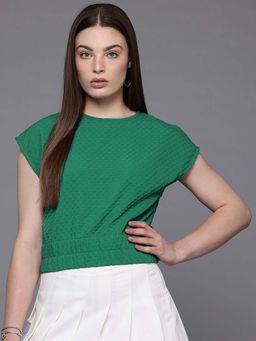 Freehand - Women Regular Fit Textured Round Neck Gathered Waist Top