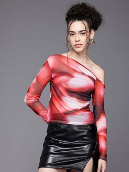 Freehand - Women Fitted Paint Splash Asymmetric Neck Gathered Top