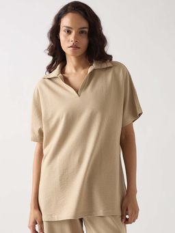 Femmella - Beige Seersucker Cotton Knit Polo T- Shirt