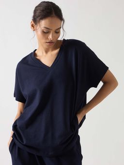 Femmella - Navy Seersucker Cotton Knit T-Shirt