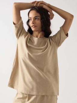 Femmella - Beige Seersucker Cotton Knit T-Shirt