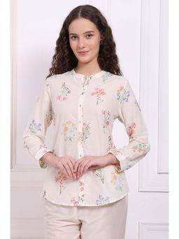 W - For Woman Off White Floral Printed Pure Cotton Mandarin Collar Shirt