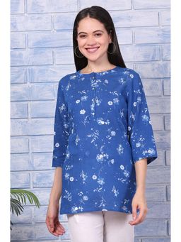 W - For Woman Blue Floral Printed Rayon Flax Tunic