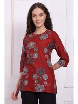 W - For Woman Red Floral Printed Pure Cotton Tunic