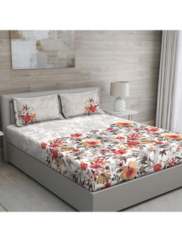GM - Grey And Red Floral 150 Tc Cotton Queen Bedsheet With 2 Pillow Covers