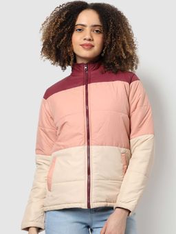 Campus Sutra - Pink Colour-blocked Puffer Bomber Jacket