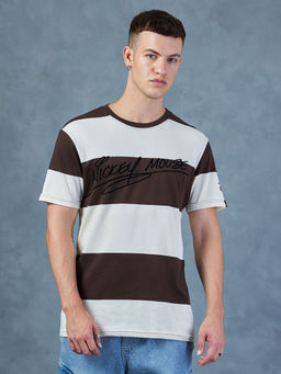Bewakoof - Official Disney Men's Brown & Beige Mickey Signature Striped Oversized T-shirt
