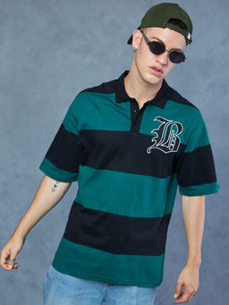 Bewakoof - Men's Green & Black B Bold Striped Oversized Polo T-shirt