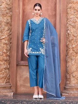 Tikhi Imli - Blue Cotton Blend with White Thread Work Kurti & Pant with Dupatta (Set of 3)