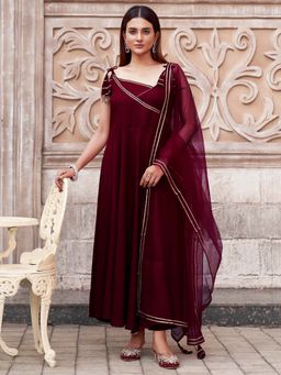 Tikhi Imli - Maroon Viscose Rayon with Strap Flared Kurta & Pant with Dupatta (Set of 3)