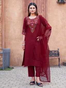 Tikhi Imli - Maroon Silk Blend with Embroidery Yoke Work Kurta & Pant with Dupatta (Set of 3)