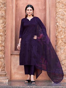 Tikhi Imli - Dark Purple Tonal Thread Embroidered Kurta & Pant with Dupatta (Set of 3)
