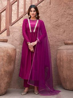 Tikhi Imli - Magenta With Sequinns Net Patch Gathered Kurta & Pant with Dupatta (Set of 3)