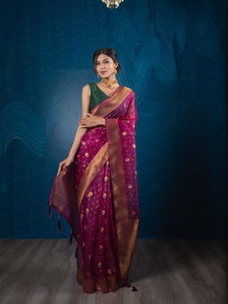 EXCLUSIVA - Violet Pure Organza Silk & Meenakari Weaving Saree with Unstitched Blouse