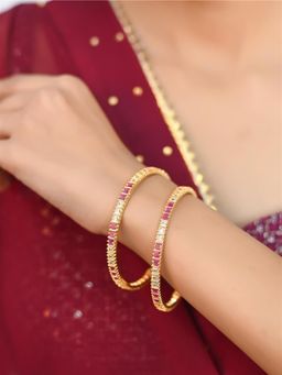 Ratnavali Jewels - American Diamond Gold Plated Pink White Cubic Zirconia Bangle Set