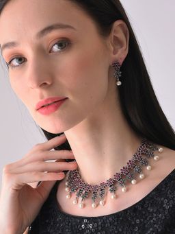 Sohi - Red Silver Plated Designer Stone Necklace and Earring Set