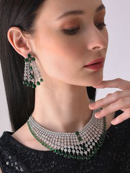 Sohi - Green Silver Plated Designer Stone Necklace and Earring Set