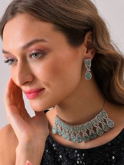 Sohi - Silver Plated Designer Stone Necklace and Earring Set