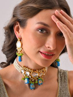 Sohi - Gold Plated Kundan Beaded Necklace and Earring Set