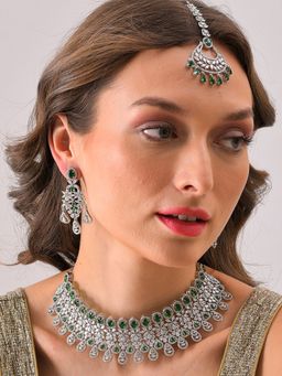 Sohi - Silver Plated Designer Stone Necklace Earrings and Maang Tikka Set