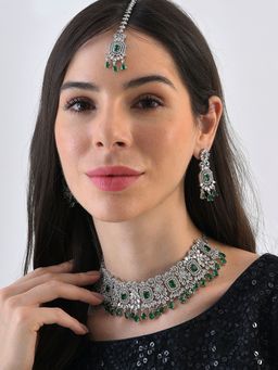 Sohi - Silver Plated Designer Stone Necklace Earrings and Maang Tikka Set