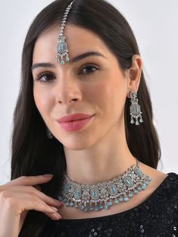 Sohi - Silver Plated Designer Stone Necklace Earrings and Maang Tikka Set