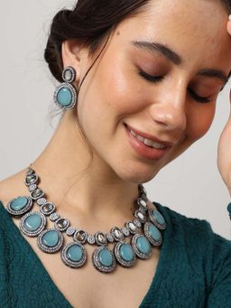 Sohi - Silver Plated American Diamond & Designer Stone Necklace and Earring Set