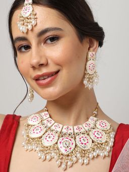 Sohi - Gold Plated Meenakari Necklace Earrings and Maang Tikka Set