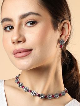 Sohi - Red Silver Plated American Diamond & Designer Stone Necklace and Earring Set