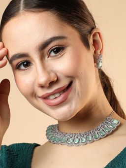 Sohi - Blue Silver Plated American Diamond & Designer Stone Necklace and Earring Set