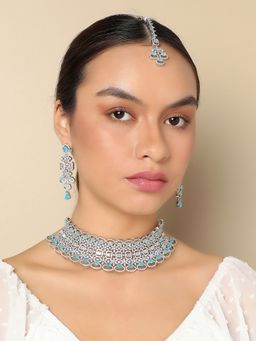 Sohi - Blue Silver Plated American Diamond & Designer Stone Necklace and Earring Set