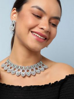 Sohi - Green Silver Plated American Diamond & Designer Stone Necklace and Earring Set