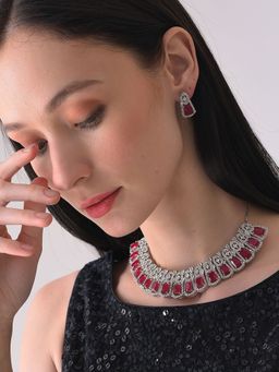 Sohi - Pink Silver Plated Designer Stone Necklace and Earring Set