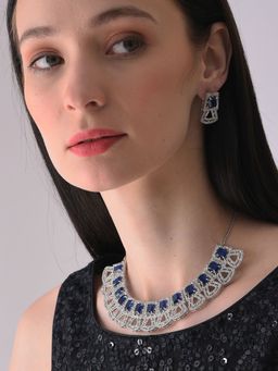 Sohi - Blue Silver Plated Designer Stone Necklace and Earring Set