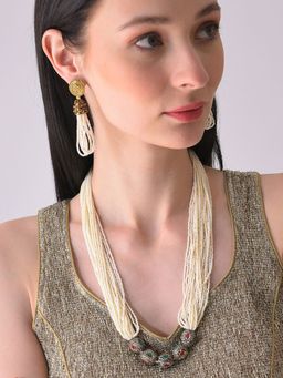 Sohi - Cream Silver Plated Designer Stone Necklace and Earring Set