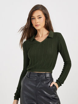 Styli - Women'S Regular Fit Cropped Length V-Neck Collar Sweater