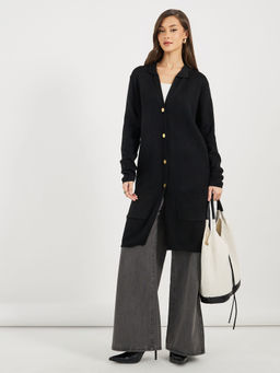 Styli - Women Black Solid Collared Long Length Regular Fit Cardigan