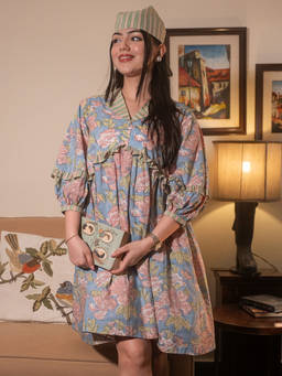ODHANON - Blue Floral Printed A-Line Mini Dress for Women