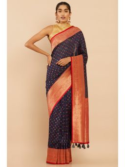Soch - Women Navy Blue Silk Floral Saree with Unstitched Blouse