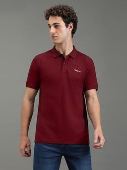 Pepe Jeans - Men Maroon Solid Short Sleeves Polo T-Shirts